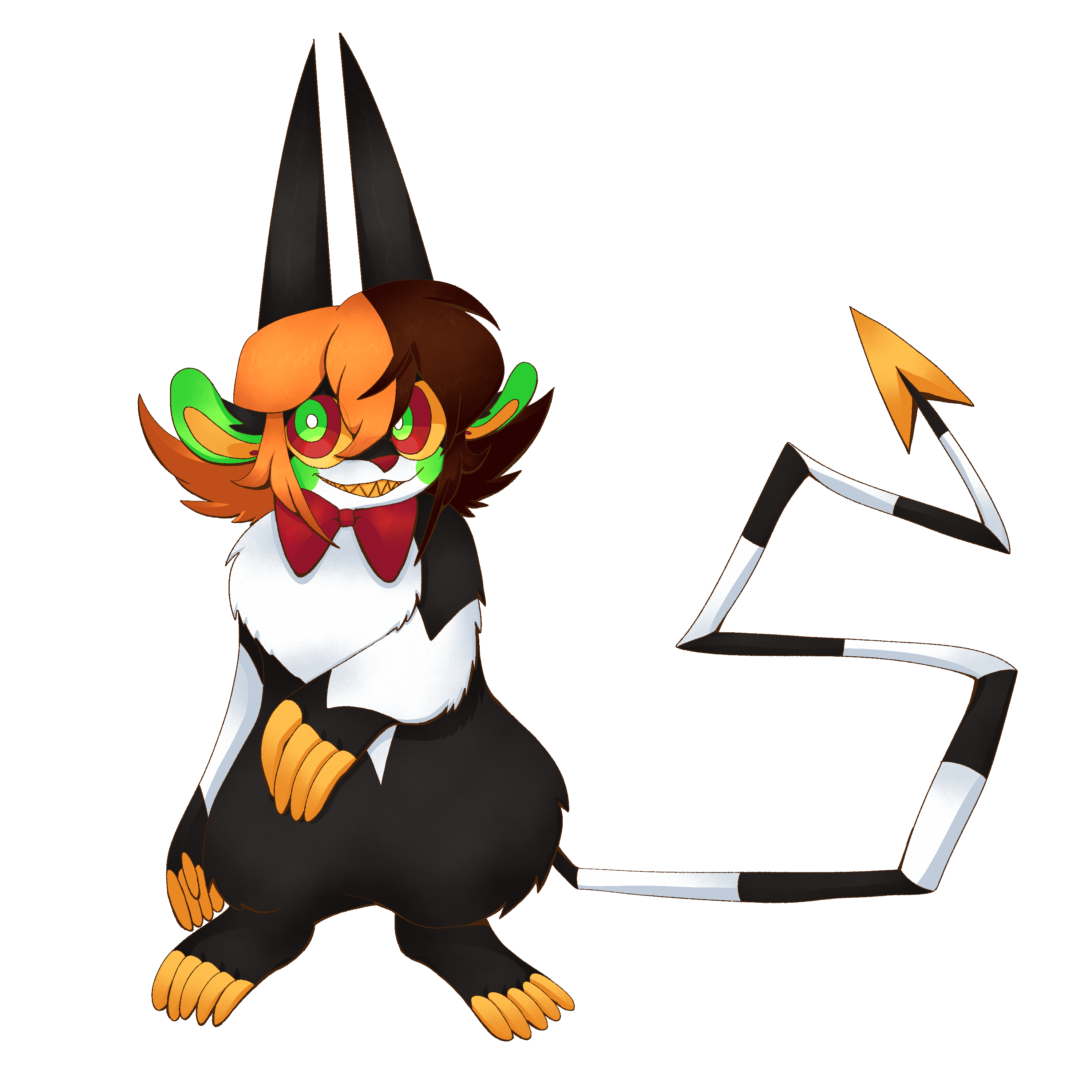 Caramella, a distint and striking Eater. She is smiling, her sharp teeth showing, her eyes wide and colourful, her horns sharp and imposing. Her pose implies a playful but potentially wild personality.